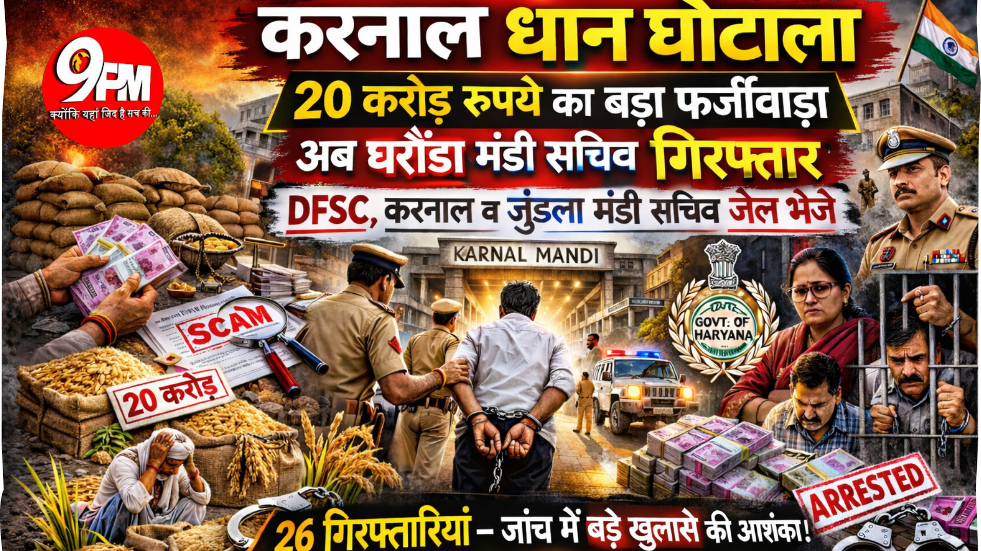 करनाल धान घोटाला : घरौंडा मंडी सचिव गिरफ्तार, 20 करोड़ के फर्जीवाड़े में अधिकारियों पर शिकंजा