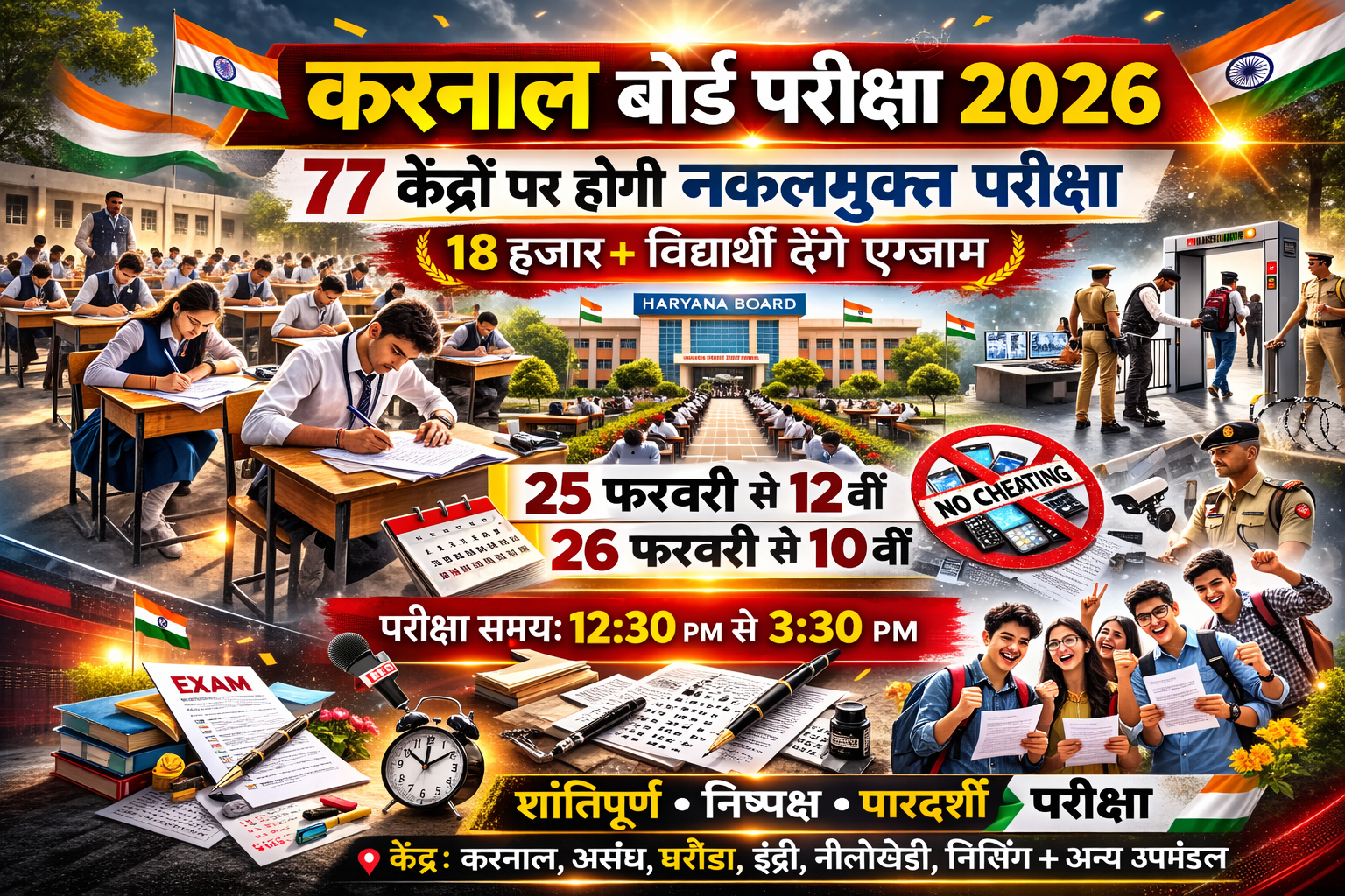 करनाल बोर्ड परीक्षा 2026: 77 केंद्रों पर होगी नकलमुक्त परीक्षा, 18 हजार से ज्यादा विद्यार्थी देंगे एग्जाम