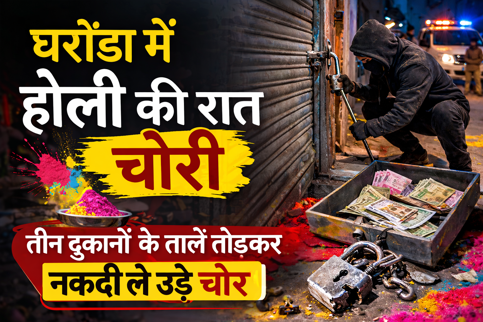 घरौंडा में होली की रात चोरी: रेलवे रोड पर तीन दुकानों के ताले टूटे, नकदी ले उड़े चोर